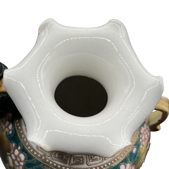 Nippon Rare Antique Hand Painted Floral Two Handed Vase Ruffled Rim 3D Bloomcore - Picture 4 of 15